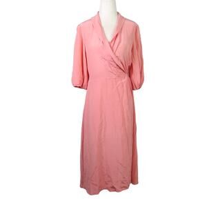 Vintage 70s salmon pink silk wrap midi dress 6